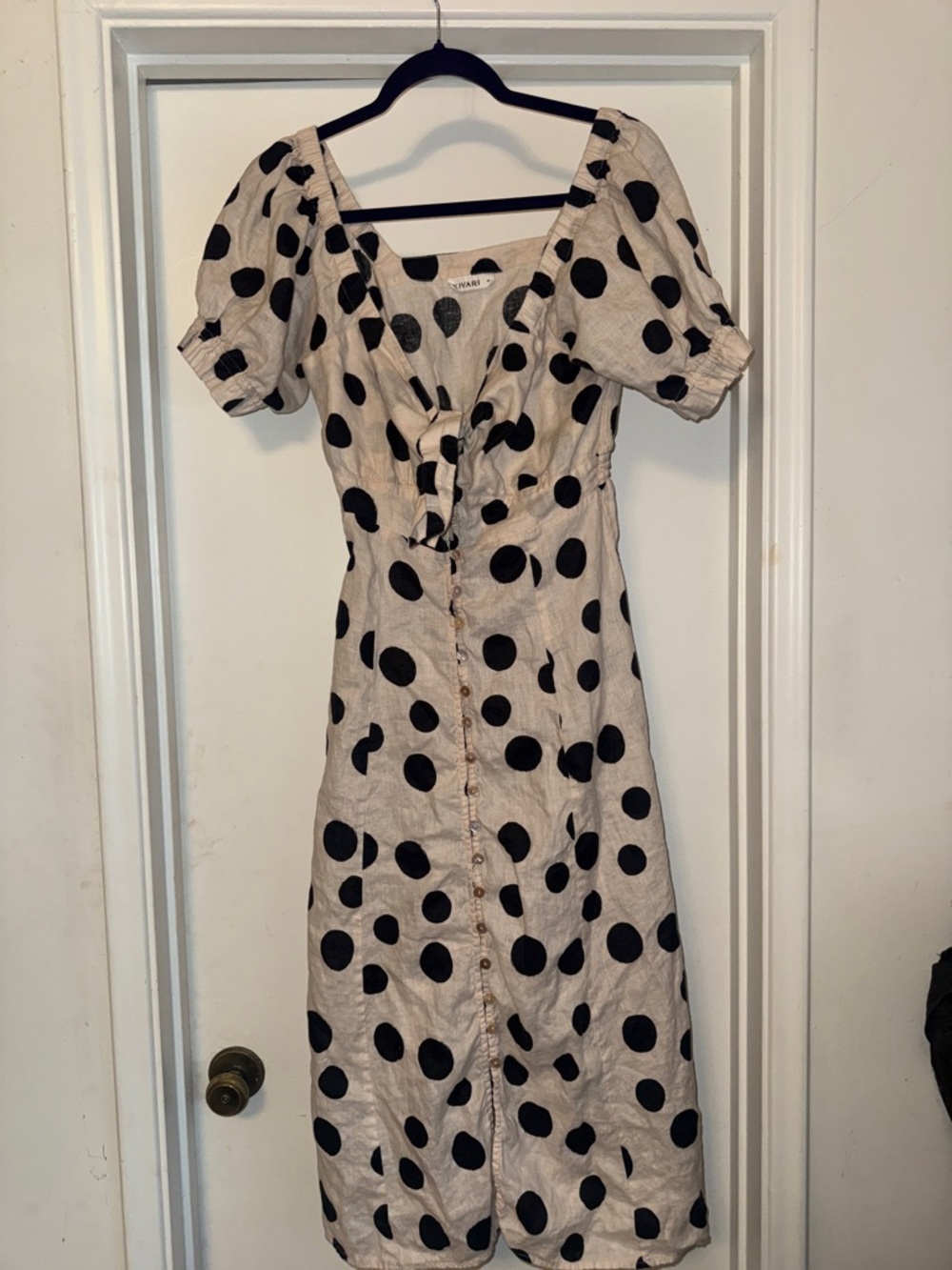 Kivari Beige Midi Dress with Black Polka Dots and Puff Sleeves